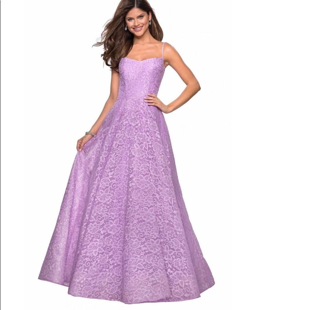 NEW LA FEMME Style # 27190 lavender A line lace embellished maxi gown dress 2